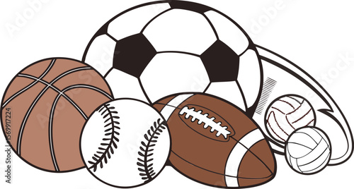 Sports Equipment. Sports shop logo. Group of balls the team games isolated on white background. A realistic vector-style illustration of various sports balls and equipment grouped together on a white 