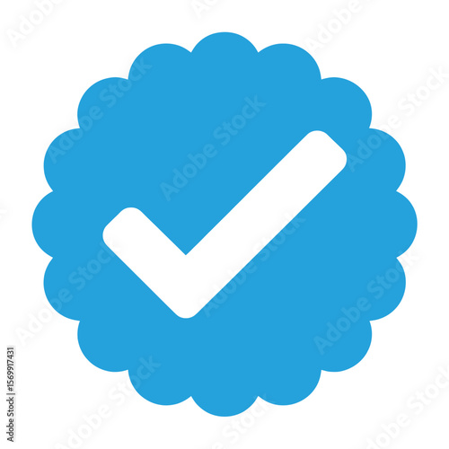 Blue scalloped badge with white checkmark symbol tick