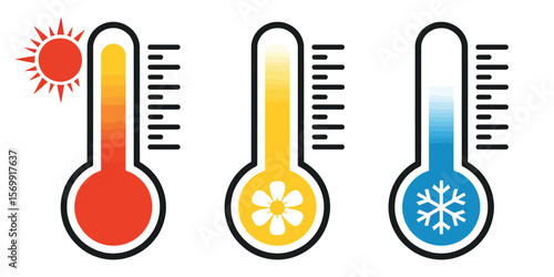 Hot cold and temperate thermometers with sun snowflake and fan symbols temperature