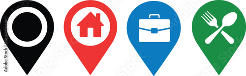 Location pin icons with house briefcase and cutlery symbols map marker symbol set