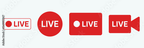 Red live streaming broadcast icons with white text and circles symbol