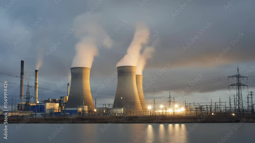 Dusk view of industrial plant with smoke rising from towers and smokestacks. Electricity pylons shown. Body of water in foreground reflects the light Dusk view of industrial plant with smoke rising from towers and smokestacks. Electricity pylons shown. Body of water in foreground reflects the light