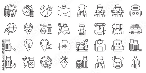 The Ultimate Backpacking Guide for Travelers et of web icons in line style. backpacking guide, backpacking trip, travel guide, backpacker tips and travel backpack. Vector illustration
