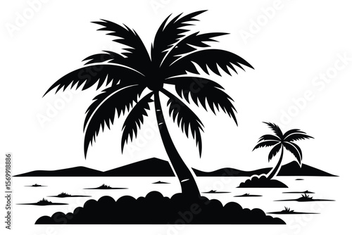 Black Silhouette Illustration Palm Trees on Beachfront with Mountains in the Background