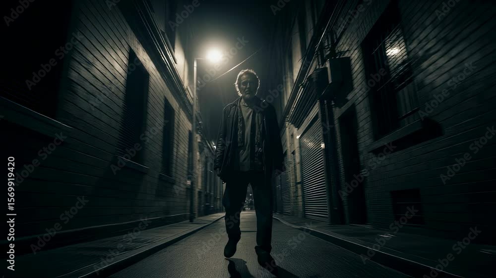 Man in suit walking alone in dark, eerie alley at night. Urban crime scene concept. Mysterious stranger in dimly lit narrow street. Suspense thriller atmosphere. Man in suit walking alone in dark, eerie alley at night. Urban crime scene concept. Mysterious stranger in dimly lit narrow street. Suspense thriller atmosphere.