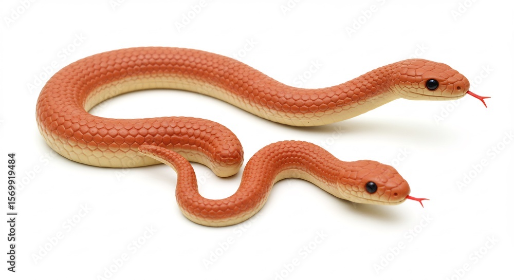 Fototapeta premium Two vibrant orange snakes elegantly curl on white background bright studio lighting. AI Generated