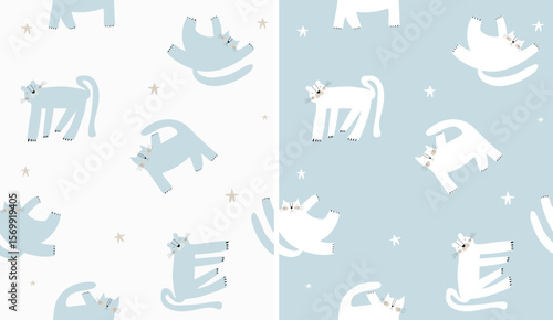 Funny Seamless Vector Patterns With Fat Kitty On a White and Pastel Blue Background. Childish Hand Drawn Wallpaper With Happy Blue And White Cats. Endless Print For Cat Lovers. 
