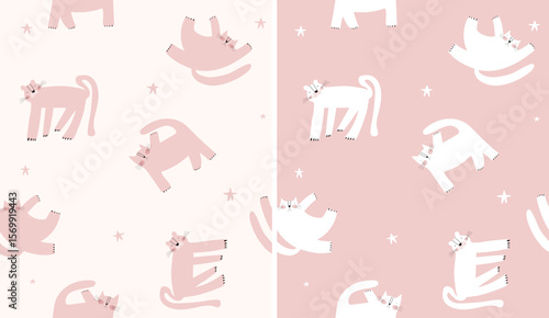 Funny Seamless Vector Patterns With Fat Kitty On a White and Pastel Pink Background. Childish Hand Drawn Wallpaper With Happy Pink And White Cats. Endless Print For Cat Lovers. 