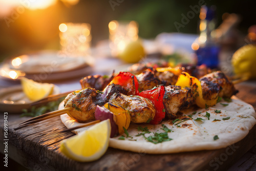 Juicy Lebanese shish taouk skewers marinated in spices and grilled to perfection. Classic Middle Eastern chicken dish served with pita and garlic sauce.