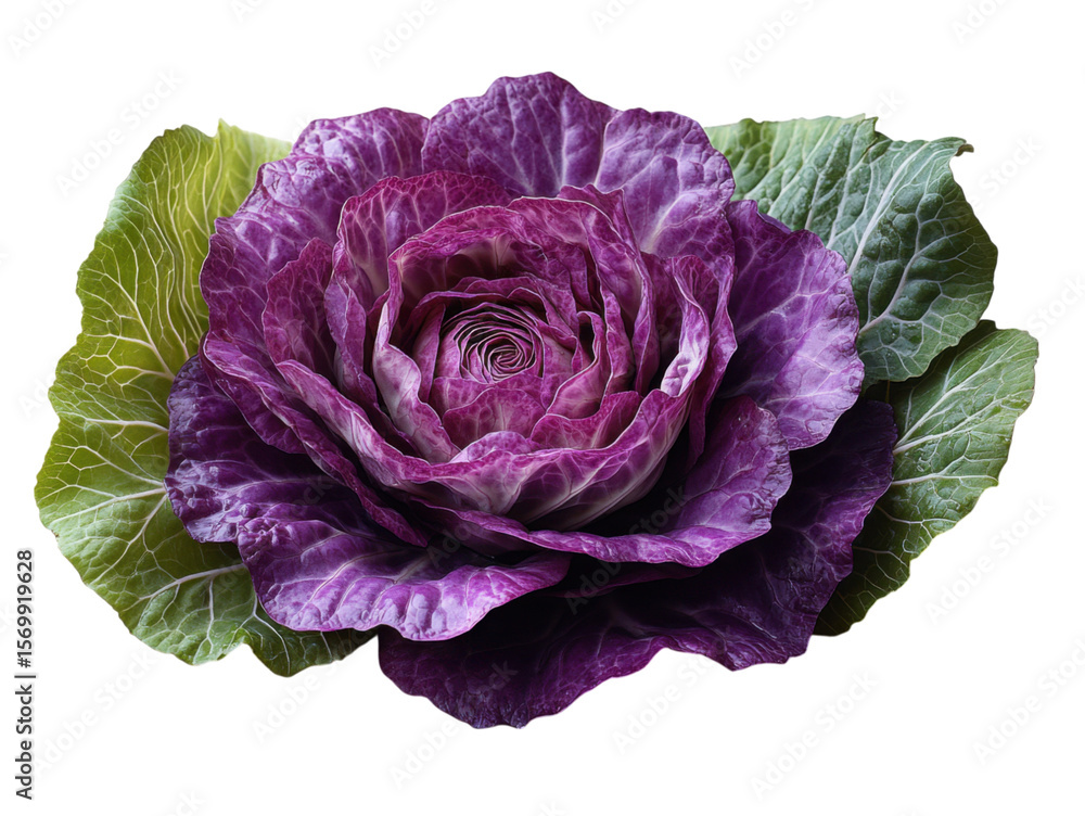 Fototapeta premium A purple flower with green leaves sits on a white background