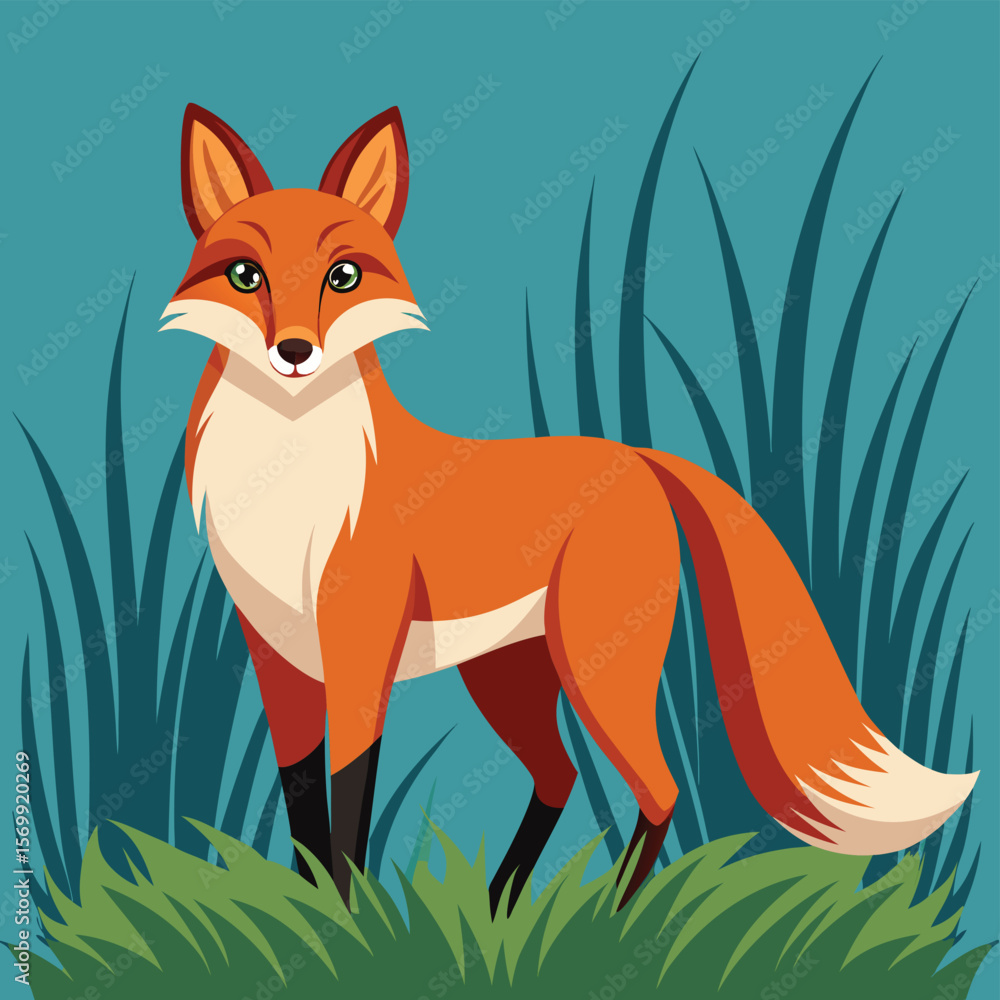Obraz premium Fox Standing in a Grassy Field Cartoon Wildlife Illustration