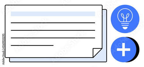 Stack of documents with horizontal text lines accompanied by blue circular icons for idea generation and addition. Ideal for productivity, collaboration, creativity, information sharing, innovation