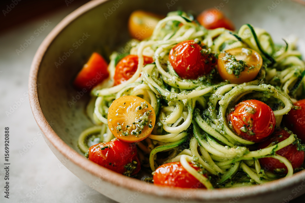 Fresh zucchini noodles (zoodles) served in a rustic ceramic bowl, garnished with vibrant cherry tomatoes Fresh zucchini noodles (zoodles) served in a rustic ceramic bowl, garnished with vibrant cherry tomatoes