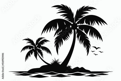 Black Silhouette of Palm Trees on Tropical Island with Flying Birds Above Waves