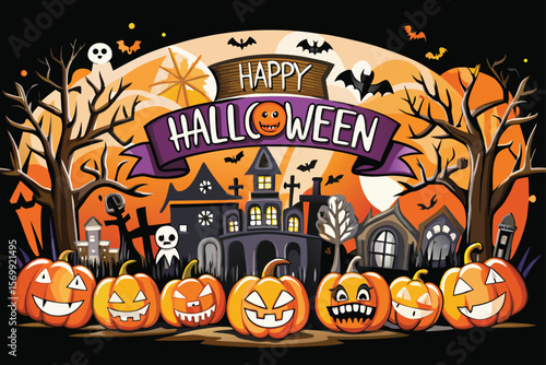 WebSpooky Halloween night with scary pumpkins, bats, and a dark, eerie tree silhouette – a perfect autumn horror illustration