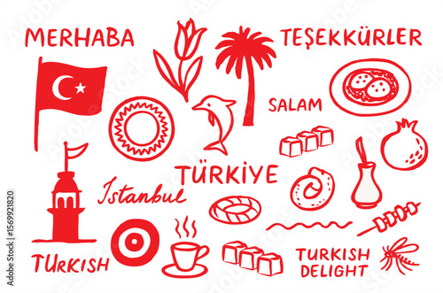 "Turkish-themed illustration with greetings, landmarks, and cultural symbols in red ink on a white background."