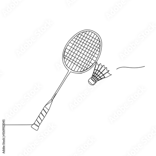 Badminton racket and shuttlecock in minimalistic line art style  
