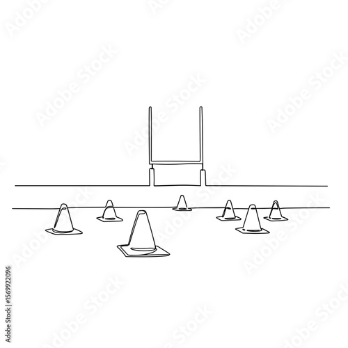 Training cones on rugby field with goalposts in minimal outline style  