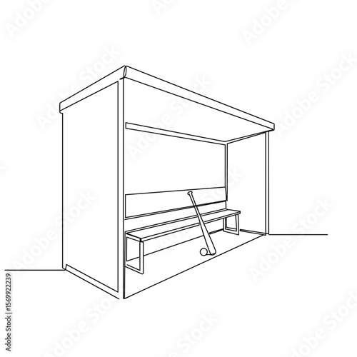 Empty dugout with bat in minimalist line art style  