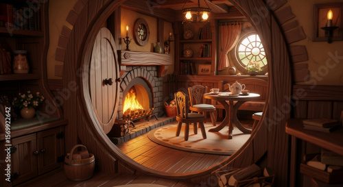 Cozy hobbit-style interior with round door, fireplace, and wooden furniture. Fantasy home concept for book illustration, game design, or fairy tale inspiration.