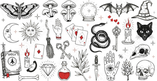 Witchcraft elements vector illustration of magic symbols and occult objects