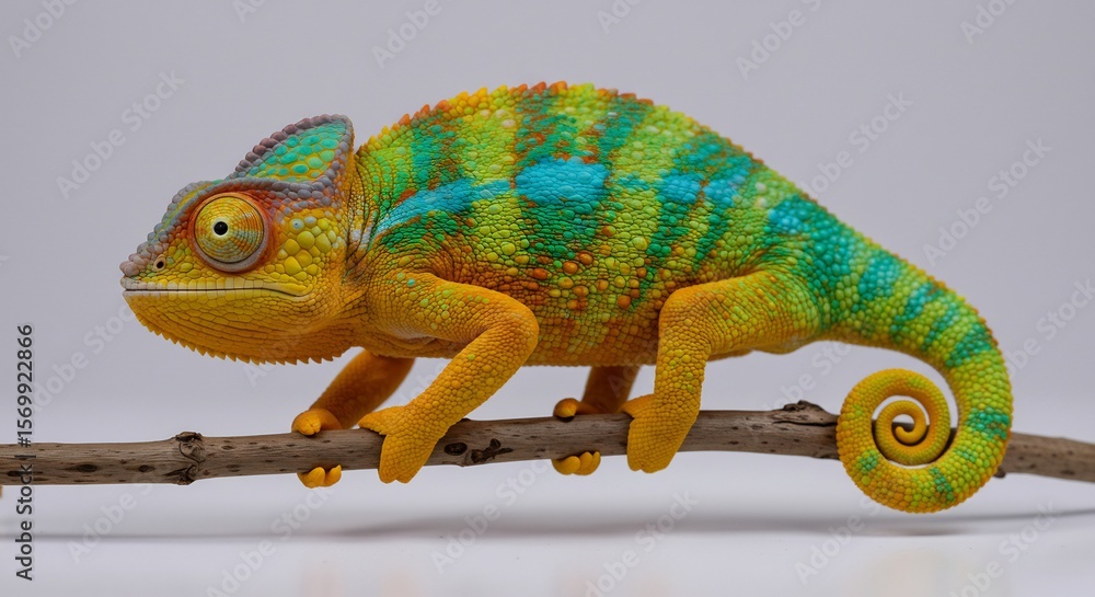 Fototapeta premium Vibrant chameleon subtly perched on branch soft light illuminating its scales. AI Generated