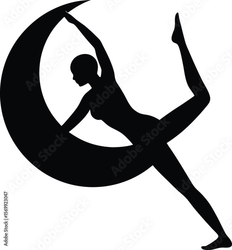 black silhouette of yogi in half moon pose on whit.eps