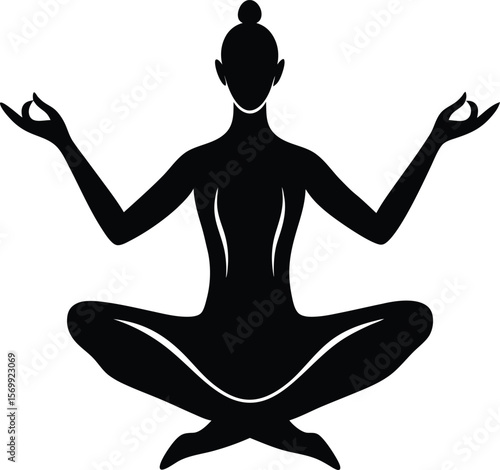 black silhouette of yogi with open arms on white b.eps