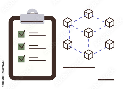 Clipboard with checked tasks alongside interconnected cubes representing blockchain. Ideal for organization, task management, blockchain, productivity, digital systems, data management, network
