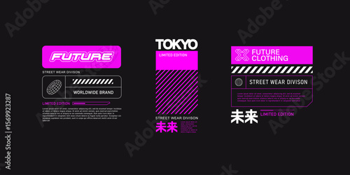 Futuristic abstract sci-fi elements for street wear fashion, silkscreen and clothing printing design - editable vector background in acid pink colors