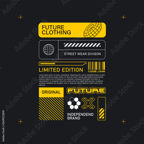 Concept of futuristic background in cyberpunk style and abstract sci-fi elements for street wear fashion, silkscreen and clothing printing design - editable vector graphics