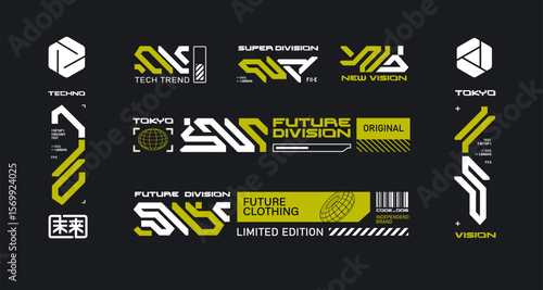 Abstract futuristic stickers pack in cyberpunk style and  sci-fi elements in techno style for street wear fashion, silkscreen, merch and clothing printing design - editable vector background 