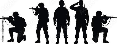 Military soldiers silhouettes in various combat poses, representing defense, security, tactical operations, and the bravery of armed forces protecting peace and freedom.