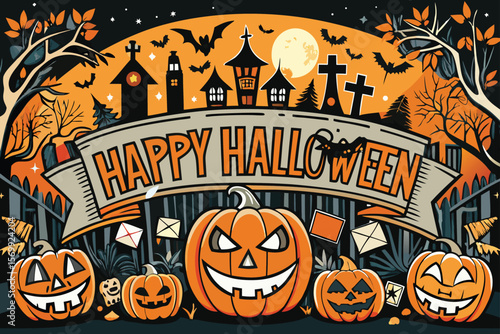 WebSpooky Halloween night with scary pumpkins, bats, and a dark, eerie tree silhouette – a perfect autumn horror illustration