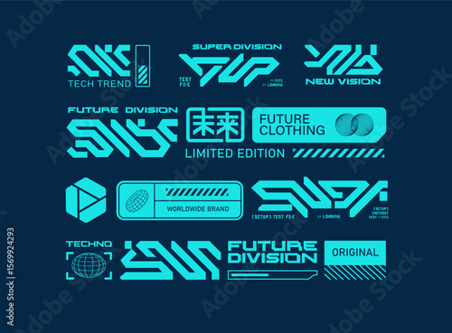 Concept of futuristic signs collection in cyberpunk style and abstract sci-fi HUD elements in techno style for street wear fashion, silkscreen and clothing printing design - editable vector  