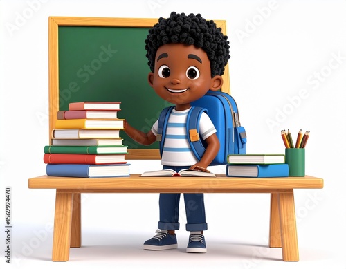 Schoolboy with books, 3D cartoon schoolboy with a backpack, Books on Table, standing at a chalkboard and Books on Table, 