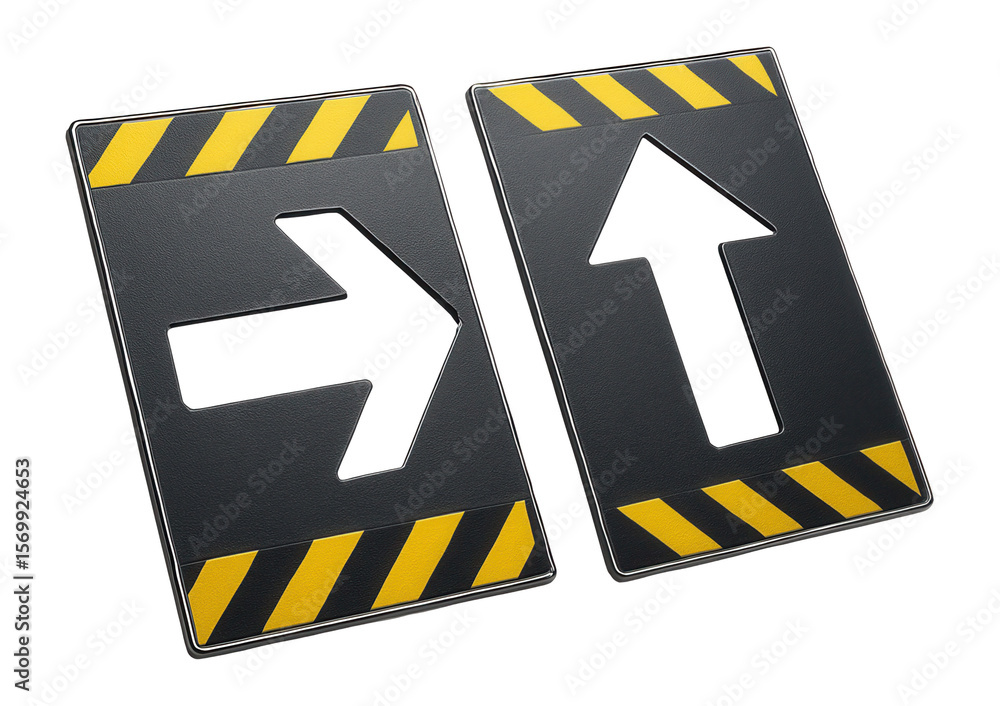 Obraz premium Heavy-duty floor marking stencils in the shape of arrows for directing traffic in a logistics center.