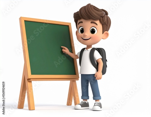 Little boy with a blackboard, 3D cartoon schoolboy with a backpack, standing at a chalkboard, playful and energetic