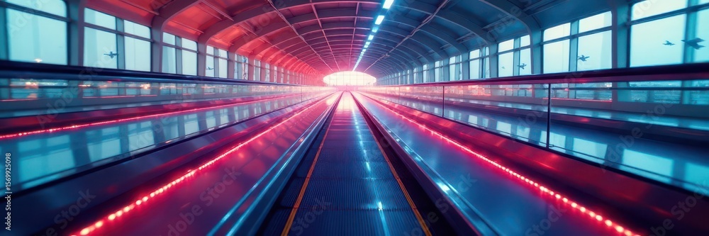 Obraz premium Automated moving walkway in modern airport terminal , smooth floor, corridor, gentle flow