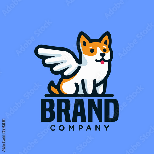 simple dog line logo cartoon illustration. winged dog mascot logo, playful design. cute puppy with wing. Perfect for pet clinics, animal brands, or adventurous brand
