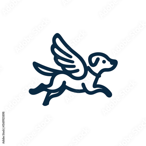 simple dog line logo cartoon illustration. winged dog mascot logo, playful design. cute puppy with wing. Perfect for pet clinics, animal brands, or adventurous brand