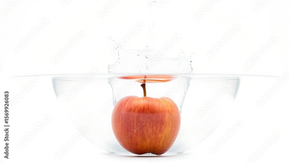 Obraz premium A red apple submerged in water with a splash effect on a white background in a studio setting view