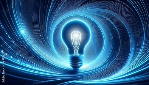 a clean abstract blue spiral representing data flow and new idea starting with a glowing lightbulb