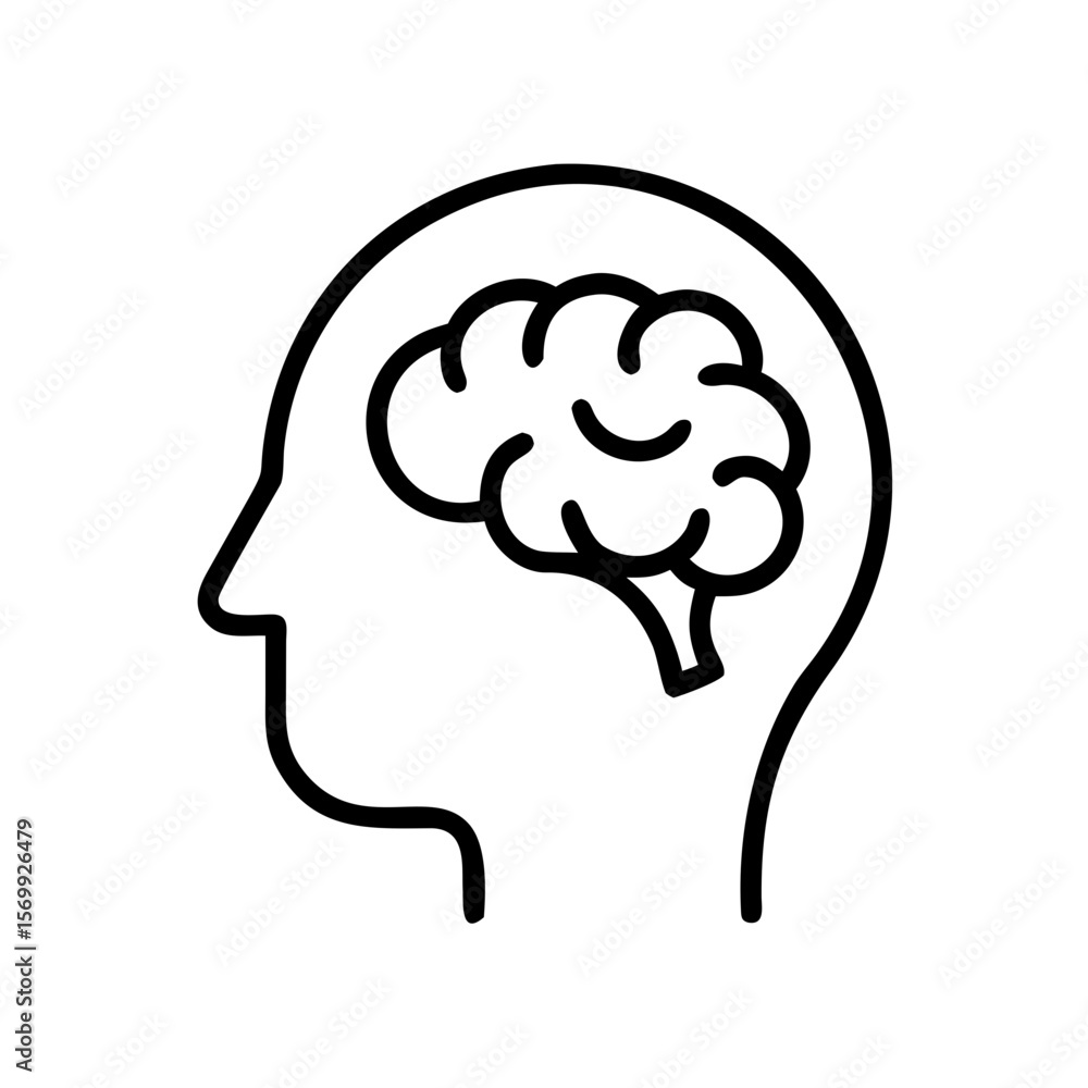 Brain illustration in human head silhouette on white background Brain illustration in human head silhouette on white background