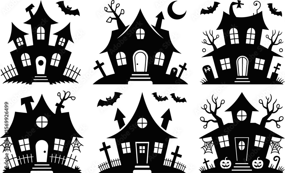 Haunted Halloween House Silhouettes Set | Spooky Cartoon Vector Collection Haunted Halloween House Silhouettes Set | Spooky Cartoon Vector Collection