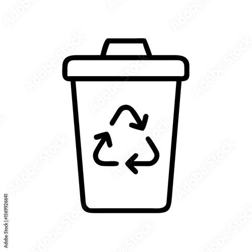 Recycling bin with recycling symbol in minimal line art style  