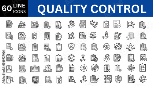 Quality control line editable icon set. Containing evaluation, inspection, product, quality, process. Vector illustration