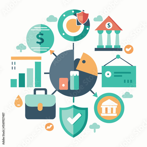 Financial planning and investment strategy concept represented by various graphic elements and icons.