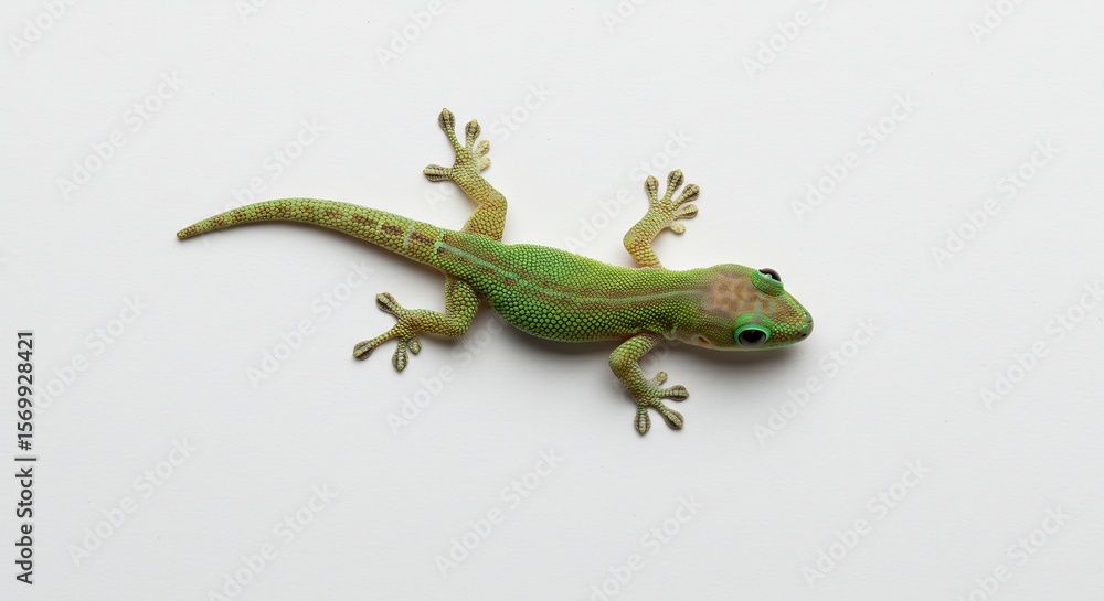 Fototapeta premium 鮮やか緑色ヤモリ 白い背景で穏やかに這う. AI Generated