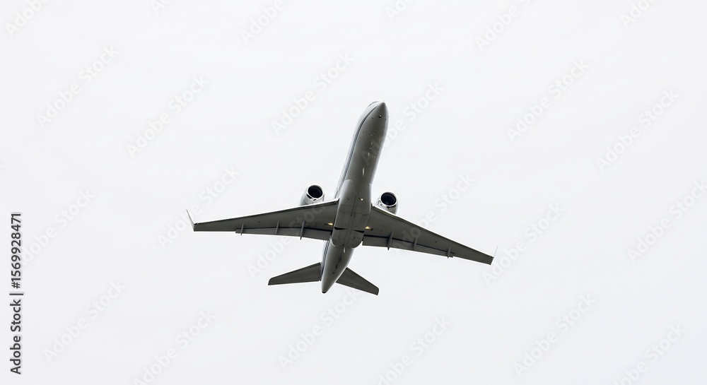 Obraz premium 灰色空背景、滑らかに上昇する旅客機、力強いシルエット. AI Generated